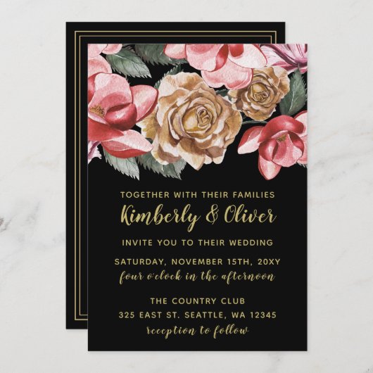 Marsala Black Floral Wedding Invitation Kaart (Voorkant / Achterkant)