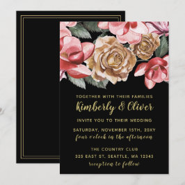 Marsala Black Floral Wedding Invitation Kaart