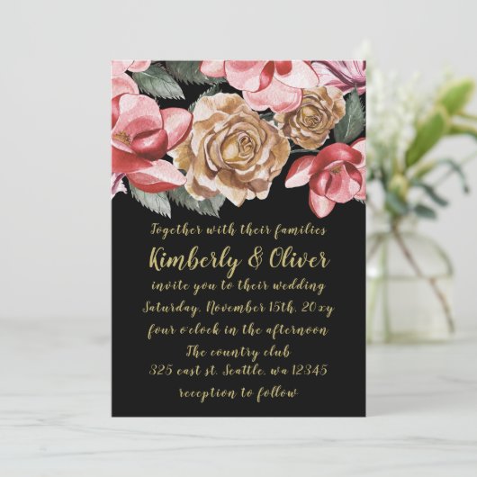 Marsala Black Floral Wedding Invitation Kaart (Staand voorkant)