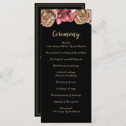 Marsala Black Floral Wedding Programme Programmakaart (Voorkant / Achterkant)