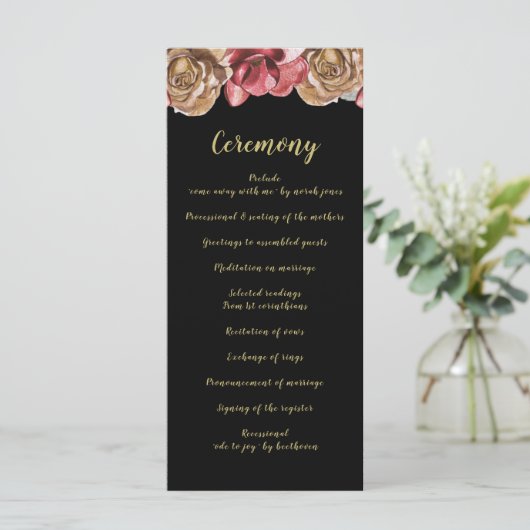 Marsala Black Floral Wedding Programme Programmakaart (Staand voorkant)