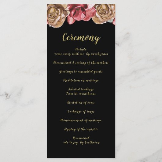 Marsala Black Floral Wedding Programme Programmakaart (Voorkant)