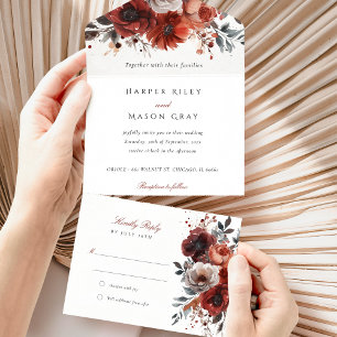 Marsala Bloei Scheur-Apart RSVP Trouwfeest All In One Uitnodiging