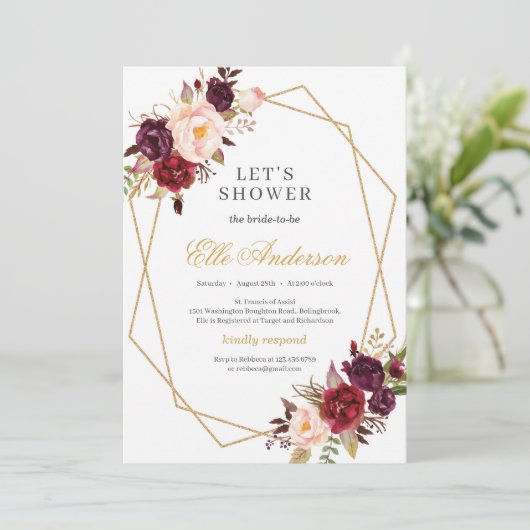 Marsala bloemen en goud geometrische blush roze kaart (Staand voorkant)