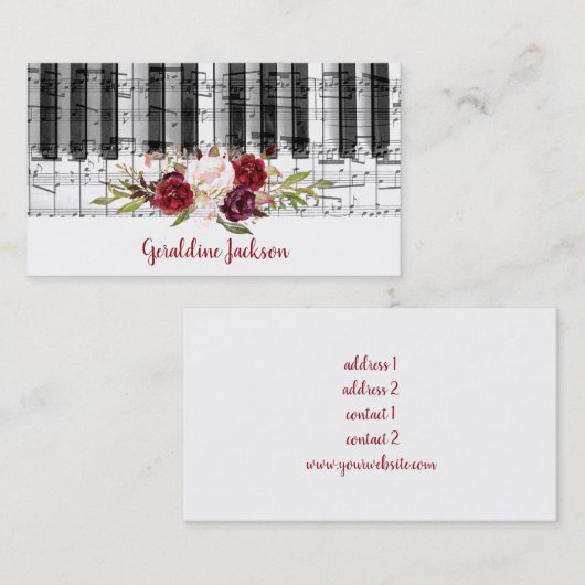 Marsala bloemen en piano muziek ontwerp visitekaartje (Voorkant / Achterkant)
