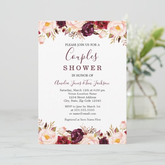 Marsala Bloemen Rode Bourgondische koppels Douche Kaart (Staand voorkant)