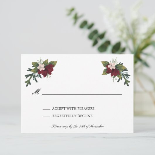 Marsala Bloemen Winter Bruiloft RSVP Kaart (Staand voorkant)