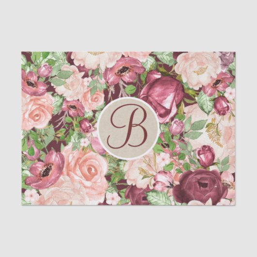 Marsala Bloemige Rustieke Monogram Letter Initiaal Tissuepapier (Voorkant)