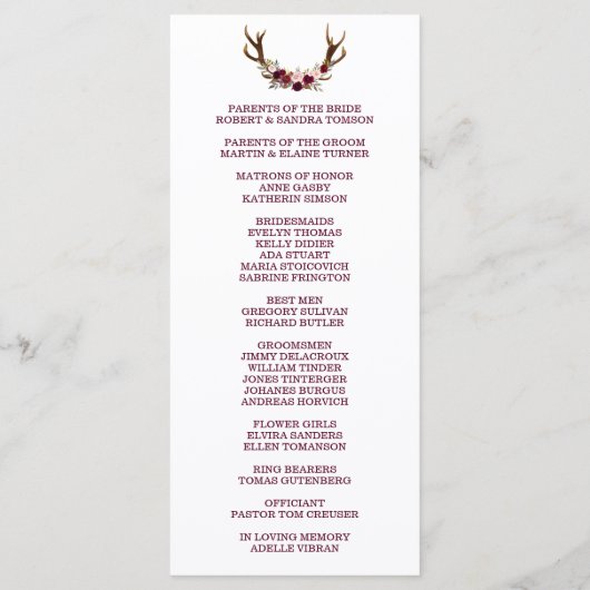 Marsala Bloemrijke Geweien Navy Blauwe Huwelijkspr Programmakaart (Achterkant)