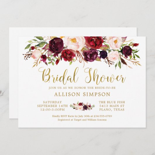 Marsala Bloemrijke Herfst Gouden Bruidsdouchekaart Kaart (Voorkant / Achterkant)