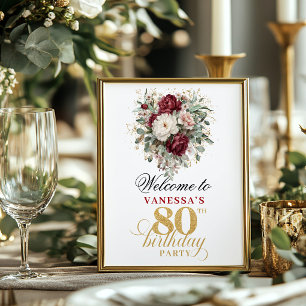 Marsala blush bloemig 80ste verjaardag 8x10 welkom poster