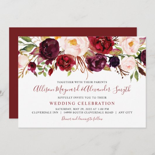 Marsala Blush Blooms waterverf florale bruiloft Kaart (Voorkant / Achterkant)