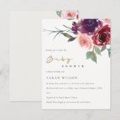 MARSALA BLUSH ROOS WATERVERF FLORAL BABY SHOWER UITNODIGING BRIEFKAART (Voorkant / Achterkant)