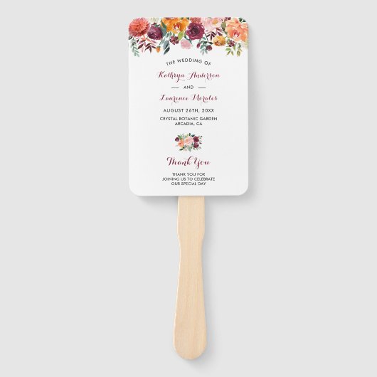 Marsala Blush Roze Bloemen Trouwprogramma Hand Fan Handwaaier (Voorkant)