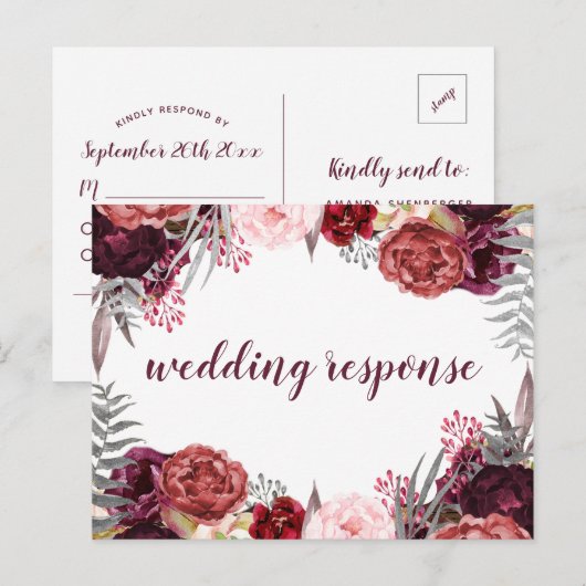 Marsala Blush Roze Pioen Bruiloft RSVP Briefkaarte Uitnodiging Briefkaart (Voorkant / Achterkant)