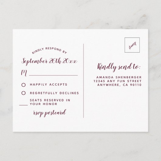 Marsala Blush Roze Pioen Bruiloft RSVP Briefkaarte Uitnodiging Briefkaart (Achterkant)