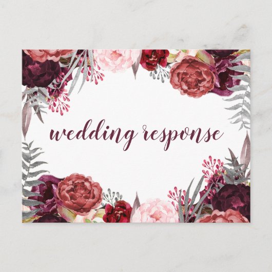 Marsala Blush Roze Pioen Bruiloft RSVP Briefkaarte Uitnodiging Briefkaart (Voorkant)