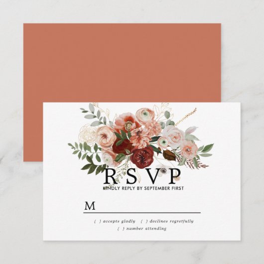 Marsala Blush Terracotta Floral Wedding RSVP Card (Voorkant / Achterkant)