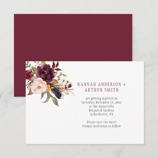 Marsala Boho Bloemen Save the Date Kaart (Voorkant / Achterkant)