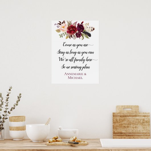 Marsala Boho Floral No Seating Plan Weddenschap Poster (Keuken)