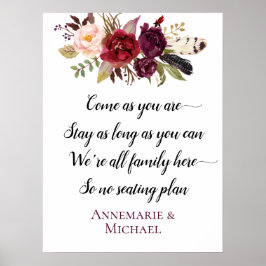 Marsala Boho Floral No Seating Plan Weddenschap Poster