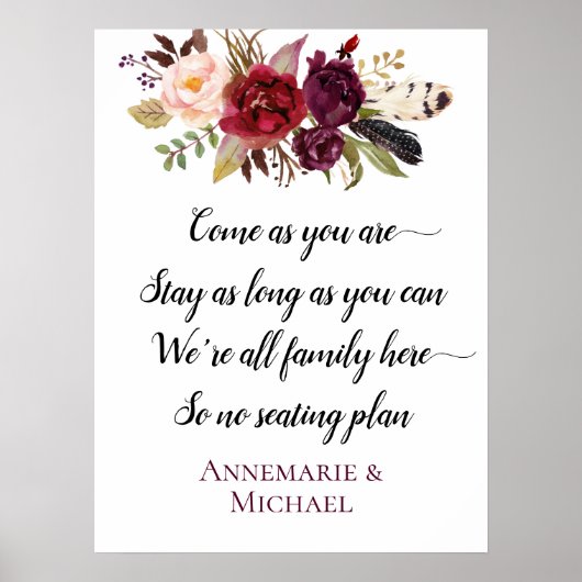 Marsala Boho Floral No Seating Plan Weddenschap Poster (Voorkant)