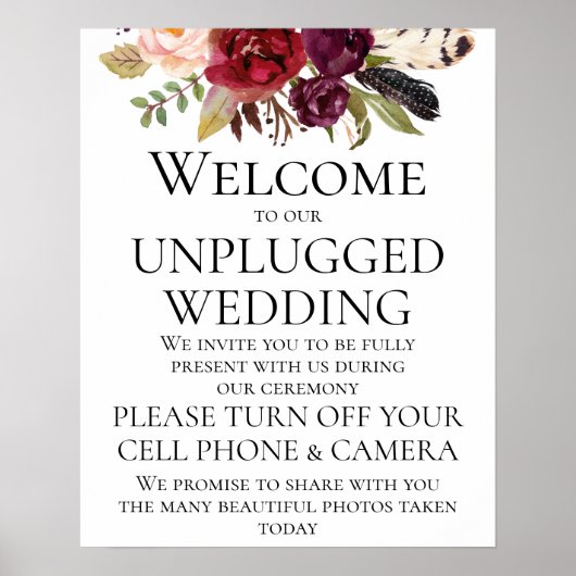Marsala Boho Floral Unplugged Wedding CeremonySign Poster (Voorkant)