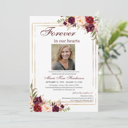 Marsala Boho Gold Memorial Service Kaart (Staand voorkant)