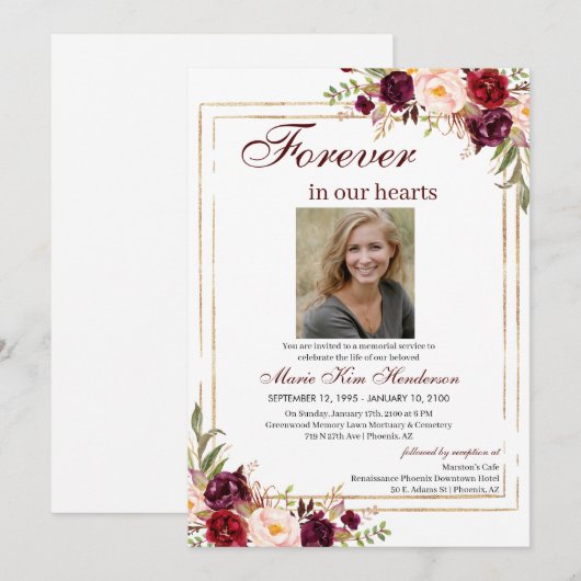 Marsala Boho Gold Memorial Service Kaart (Voorkant / Achterkant)