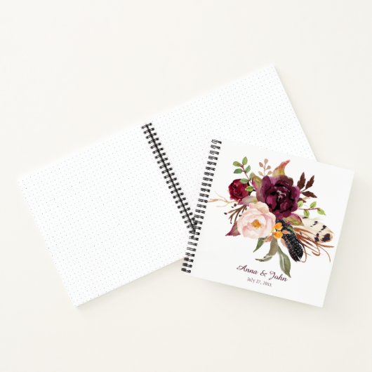 Marsala Boho Waterverf Floral Wedding Gastenboek Notitieboek (Binnen)