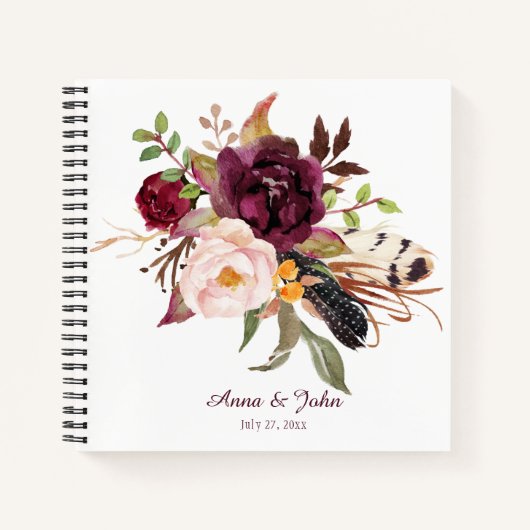 Marsala Boho Waterverf Floral Wedding Gastenboek Notitieboek (Voorkant)