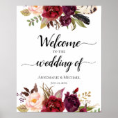 Marsala Boho Waterverf Floral Wedding Sign Poster (Voorkant)