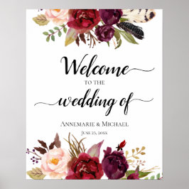 Marsala Boho Waterverf Floral Wedding Sign Poster