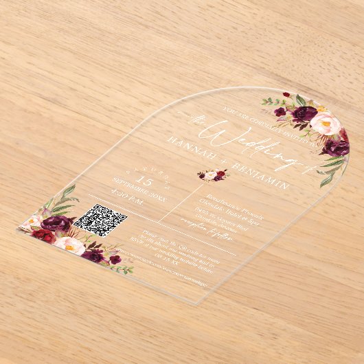 Marsala Boho Wedding Modern Minimale QR-code Acryl Uitnodigingen (Laagn)