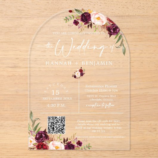 Marsala Boho Wedding Modern Minimale QR-code Acryl Uitnodigingen (Voorkant)