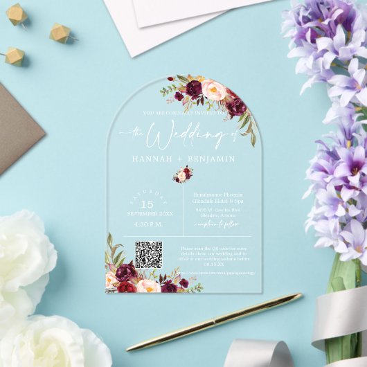 Marsala Boho Wedding Modern Minimale QR-code Acryl Uitnodigingen (Insitu (Huwelijk))