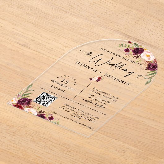 Marsala Boho Wedding Modern Minimale QR-code Acryl Uitnodigingen (Laagn)