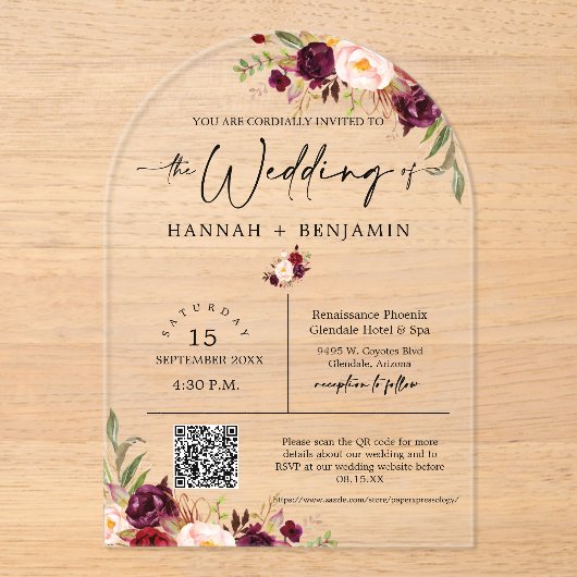Marsala Boho Wedding Modern Minimale QR-code Acryl Uitnodigingen (Voorkant)