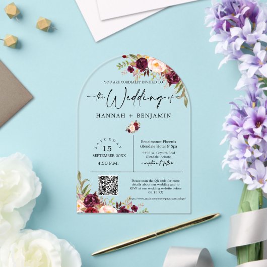 Marsala Boho Wedding Modern Minimale QR-code Acryl Uitnodigingen (Insitu (Huwelijk))