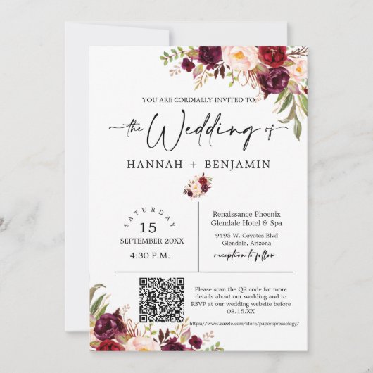Marsala Boho Wedding Modern Minimum QR Code Foto Kaart (Voorkant)