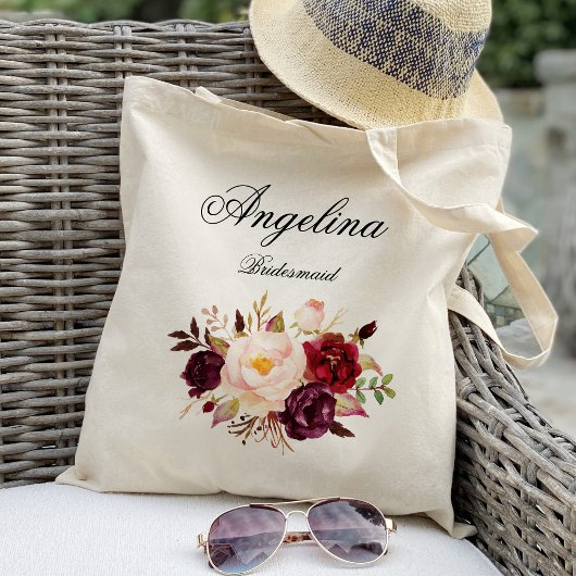 Marsala bordeaux bloem bruidsmeisje gepersonalisee tote bag