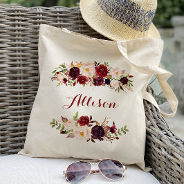 Marsala bordeaux bloem bruidsmeisje gepersonalisee tote bag