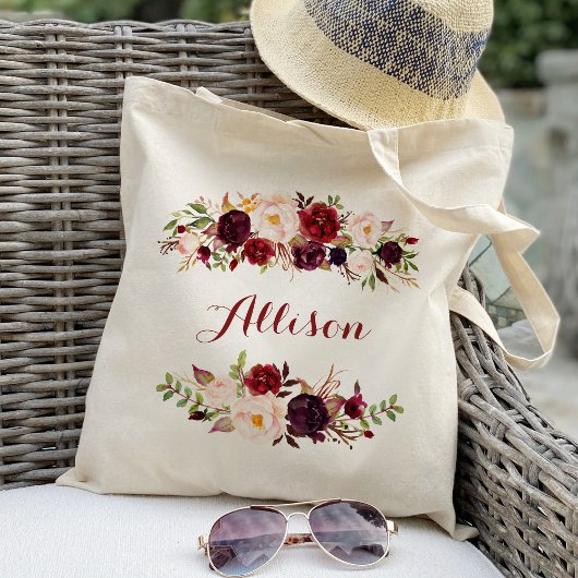 Marsala bordeaux bloem bruidsmeisje gepersonalisee tote bag