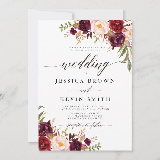 Marsala bordeaux bloemrijke rustieke trouwdag kaart (Voorkant)
