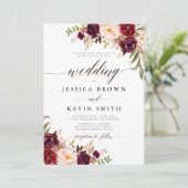Marsala bordeaux bloemrijke rustieke trouwdag kaart (Staand voorkant)