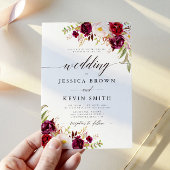 Marsala bordeaux bloemrijke rustieke trouwdag kaart