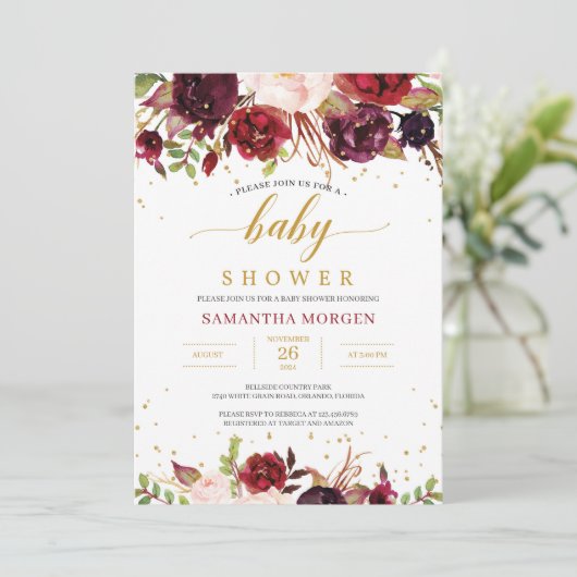 Marsala bordeaux blos roze bloemenbaby shower kaart (Staand voorkant)