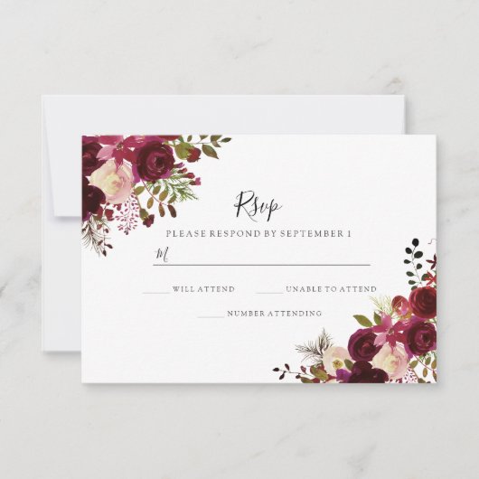 Marsala bordeauxrood bloemend wedding RSVP (Voorkant)