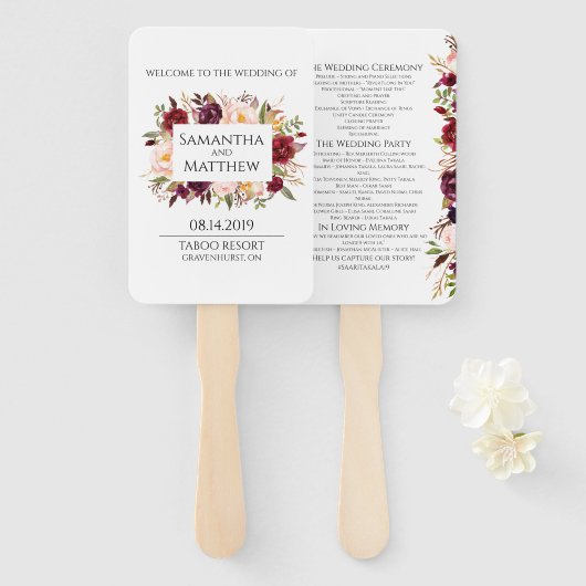 Marsala Borded Wedding Program Handwaaier (Voorkant en achterkant)