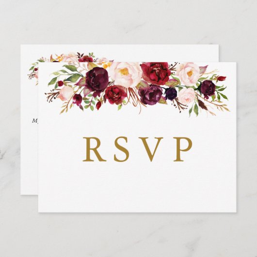 Marsala Bourgogne Bloemen Bruiloft RSVP Briefkaart (Voorkant / Achterkant)